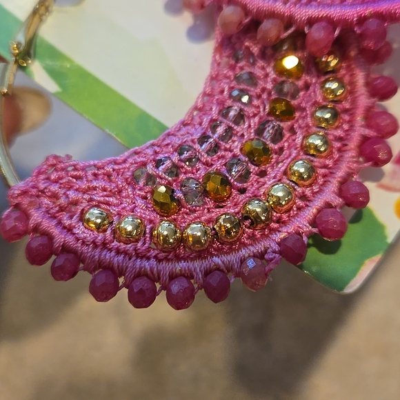 New Lilly Pulitzer Bougainvillea Pink Statement Hoop Crochet Beaded Earrings - Picture 2 of 10